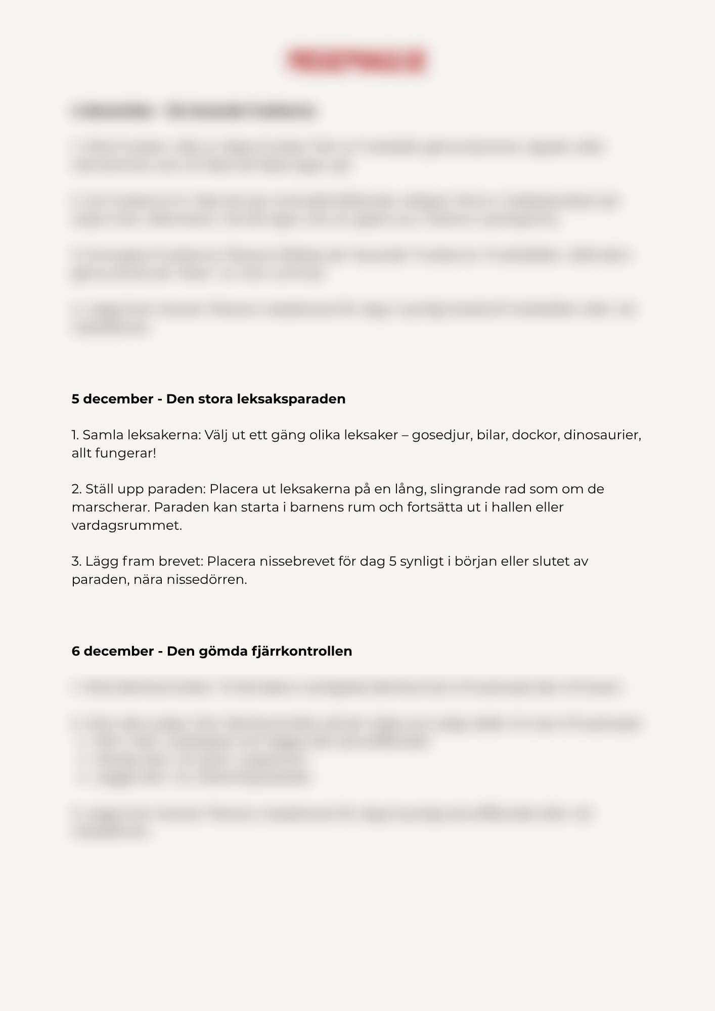 Dokument som visar beskrivning för hur föräldrarna ska förbereda morgondagens nissebus.